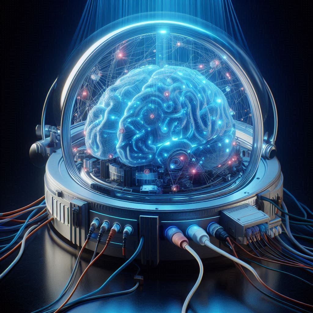 A brain in an apparatus demonstrating neuro imaging created by AI