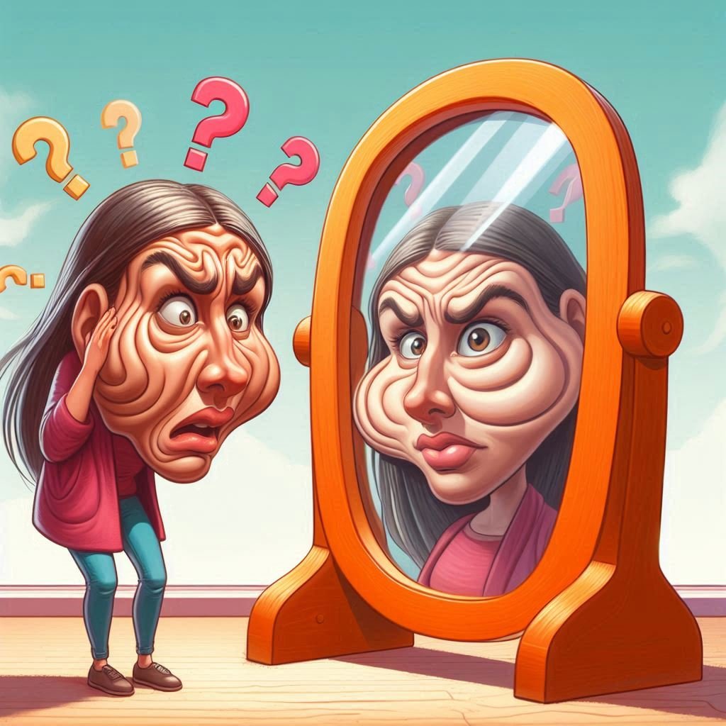 A woman full of wrinkles see herself in a large mirror