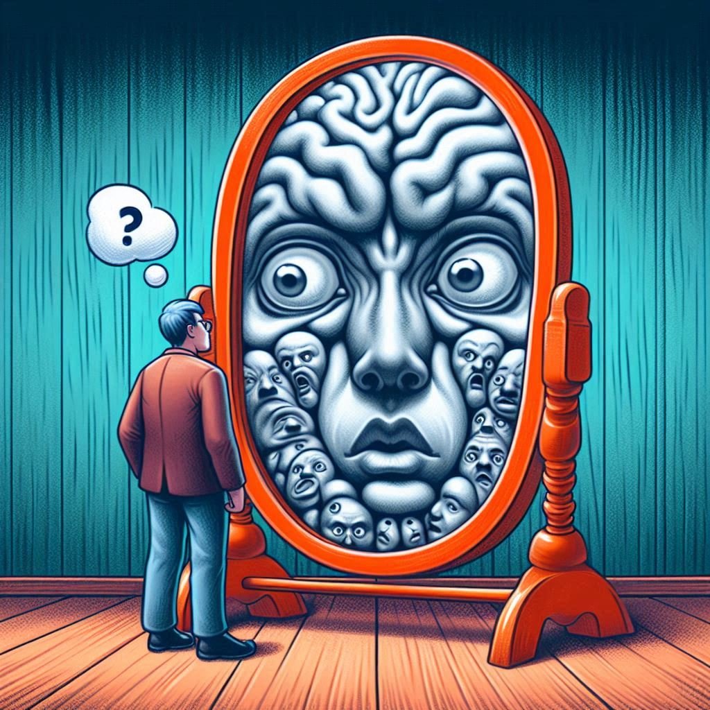 A man is looking into a giant mirror sees manydistorted faces