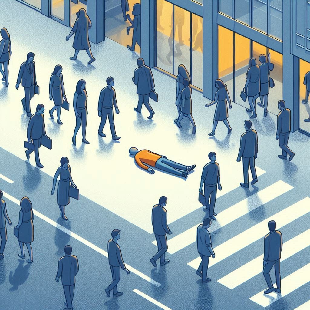 A man injured in the street among crowd and no body cares