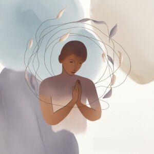 ﻿﻿ abstract illustration depicting a human in a modest behavior using calming colors