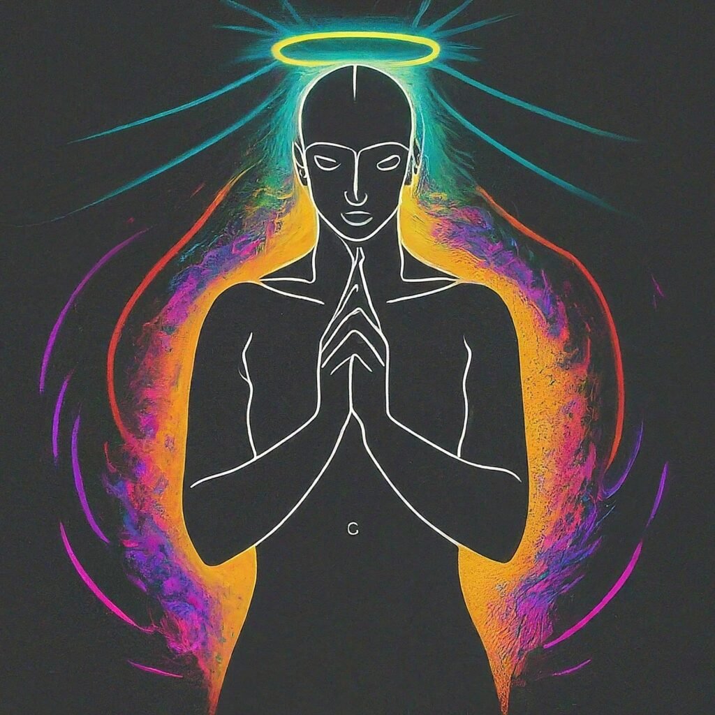 abstract illustration depicting a human with a halo in a contemplation position in a modest behavior using different colors on a black canva