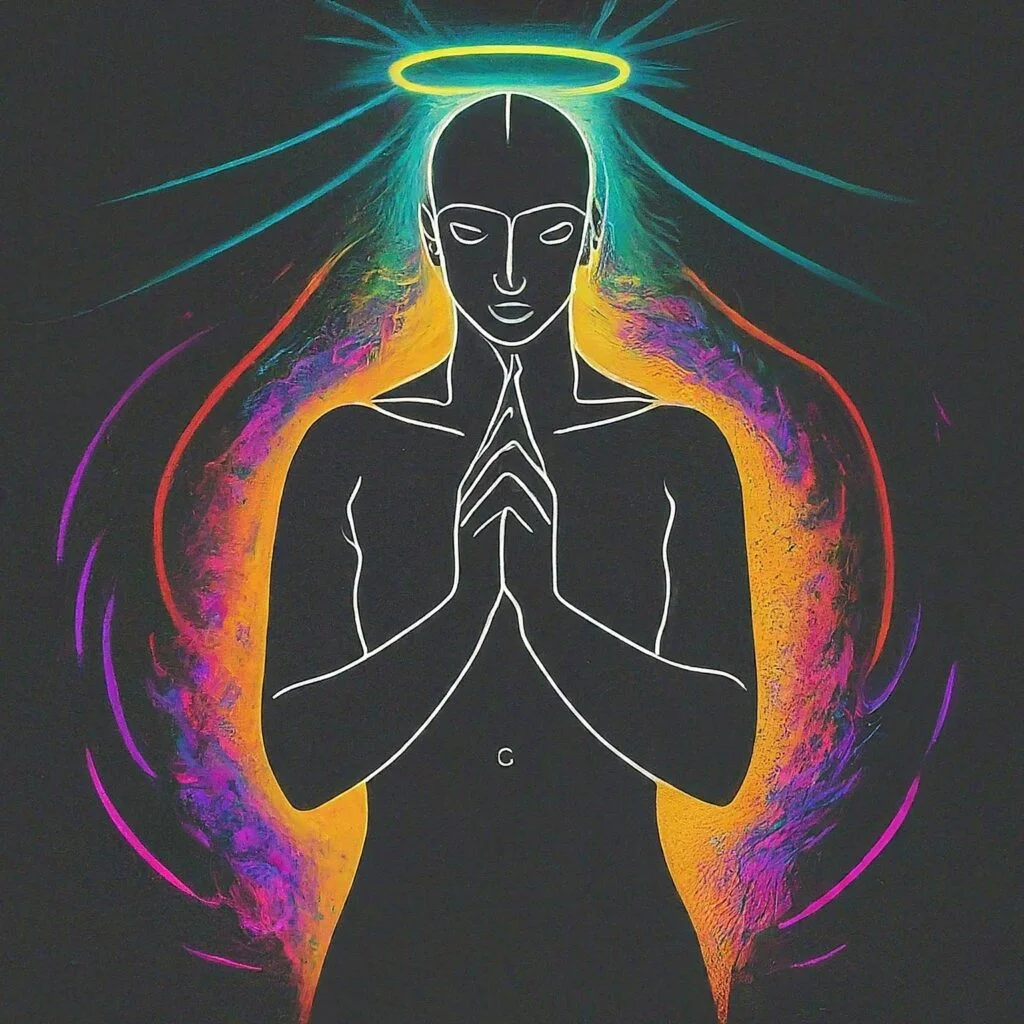 abstract illustration depicting a human  with a halo in a contemplation position in a modest behavior using different colors on a black canva 