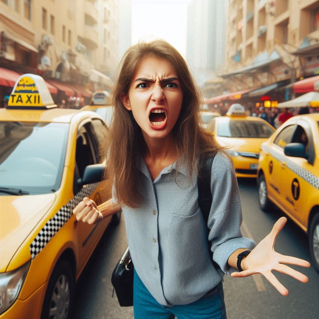 a young Middle Eastern girl challenging a taxi driver with an angry, aggressive expression with a crowded street in the background.