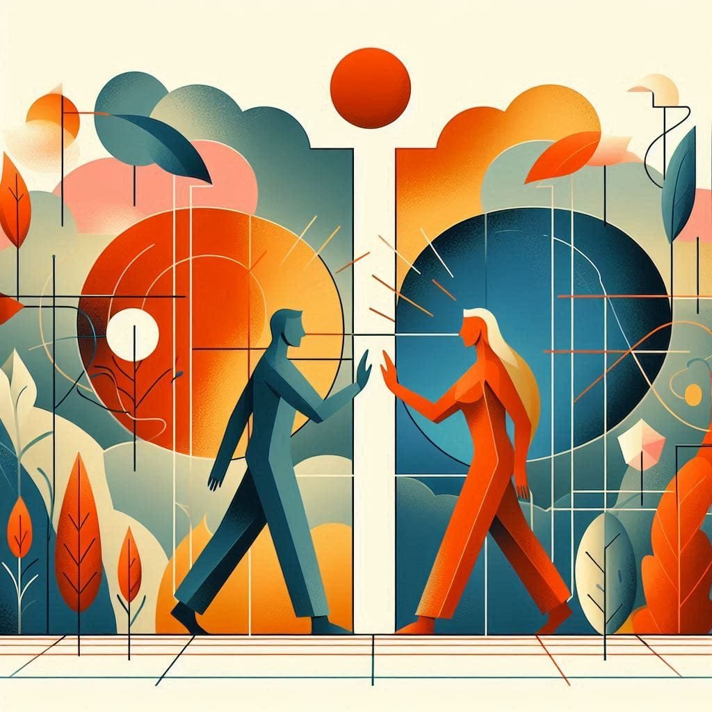 An abstract AI Image showing healthy boundaries between a man and a woman