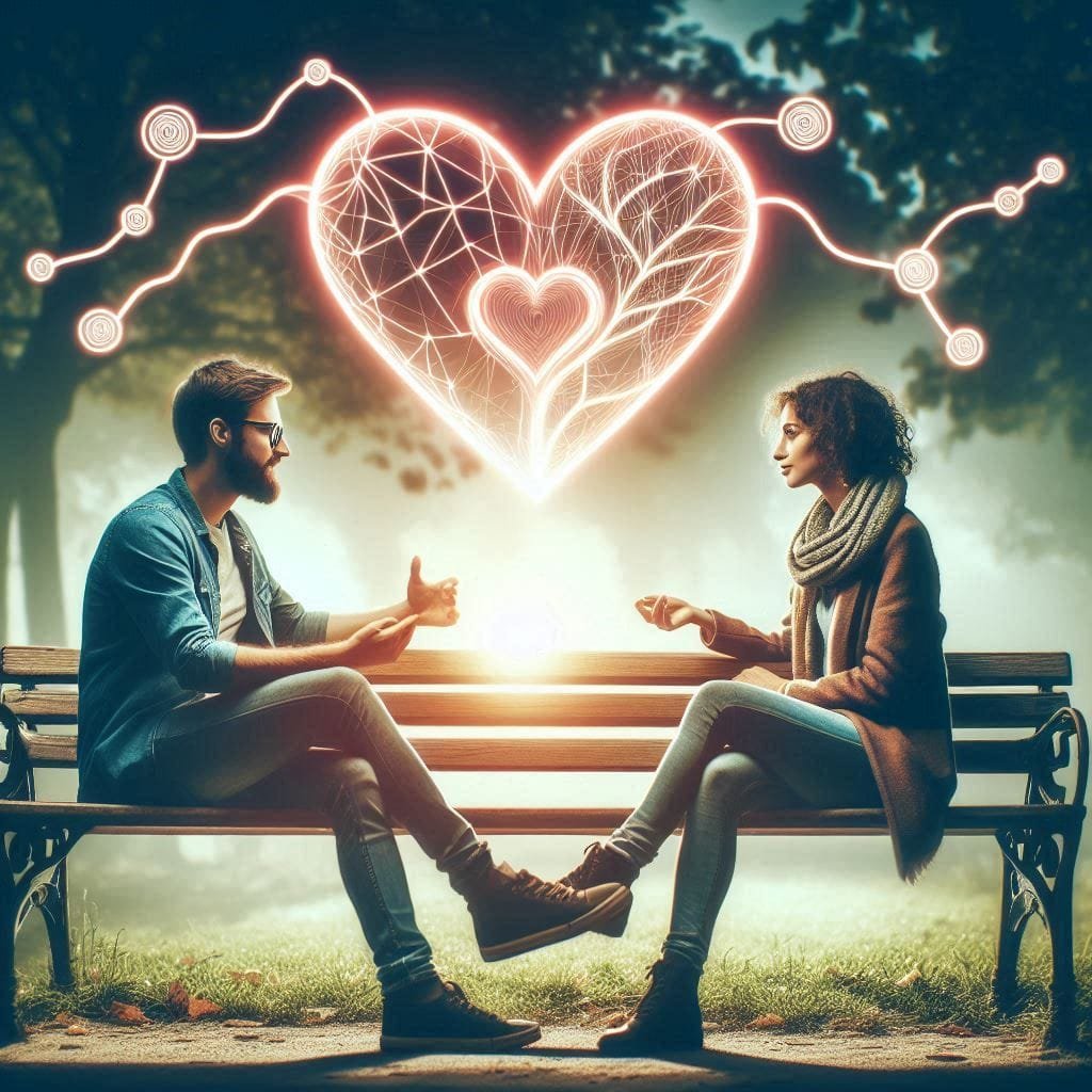 An Ai Image showing a man and a woman sitting on a bench discussing their relationship