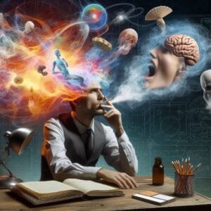 An AI image showing a man suffering from cognitive dissonance as he is smoking and thinking about this habit whether to stop or to continue.