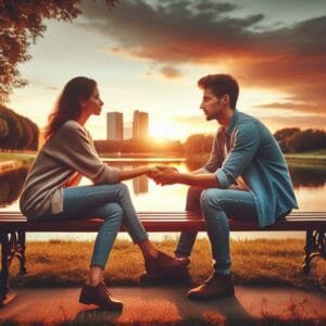 An Ai Image showing a young couple a man and a woman holding each other hands