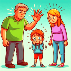 a cartoon image showing angry parents and a scary child as representation of how bringing up style could develop social anxiety.