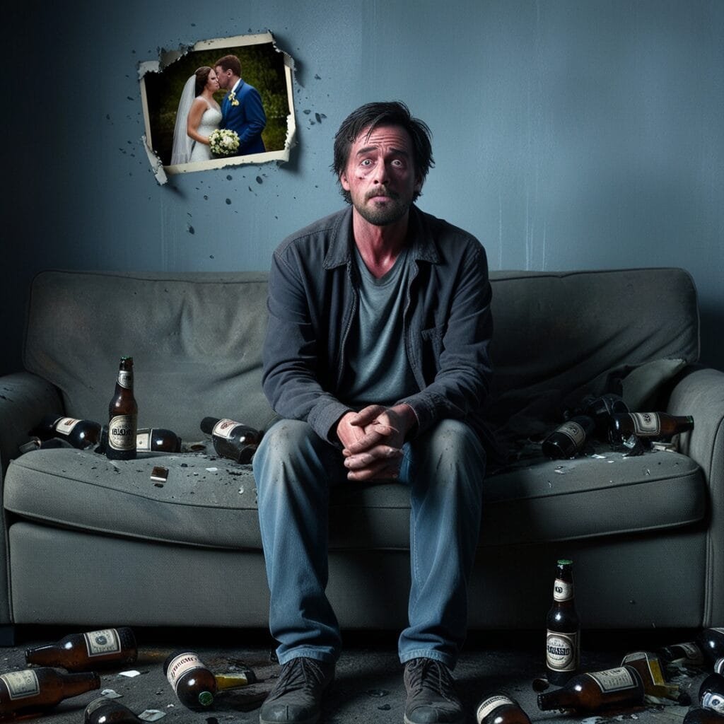 An AI generated image sitting sadly suffering from alcoholism surrounded by photo to represent a broken marriage with a lot of empty bottles