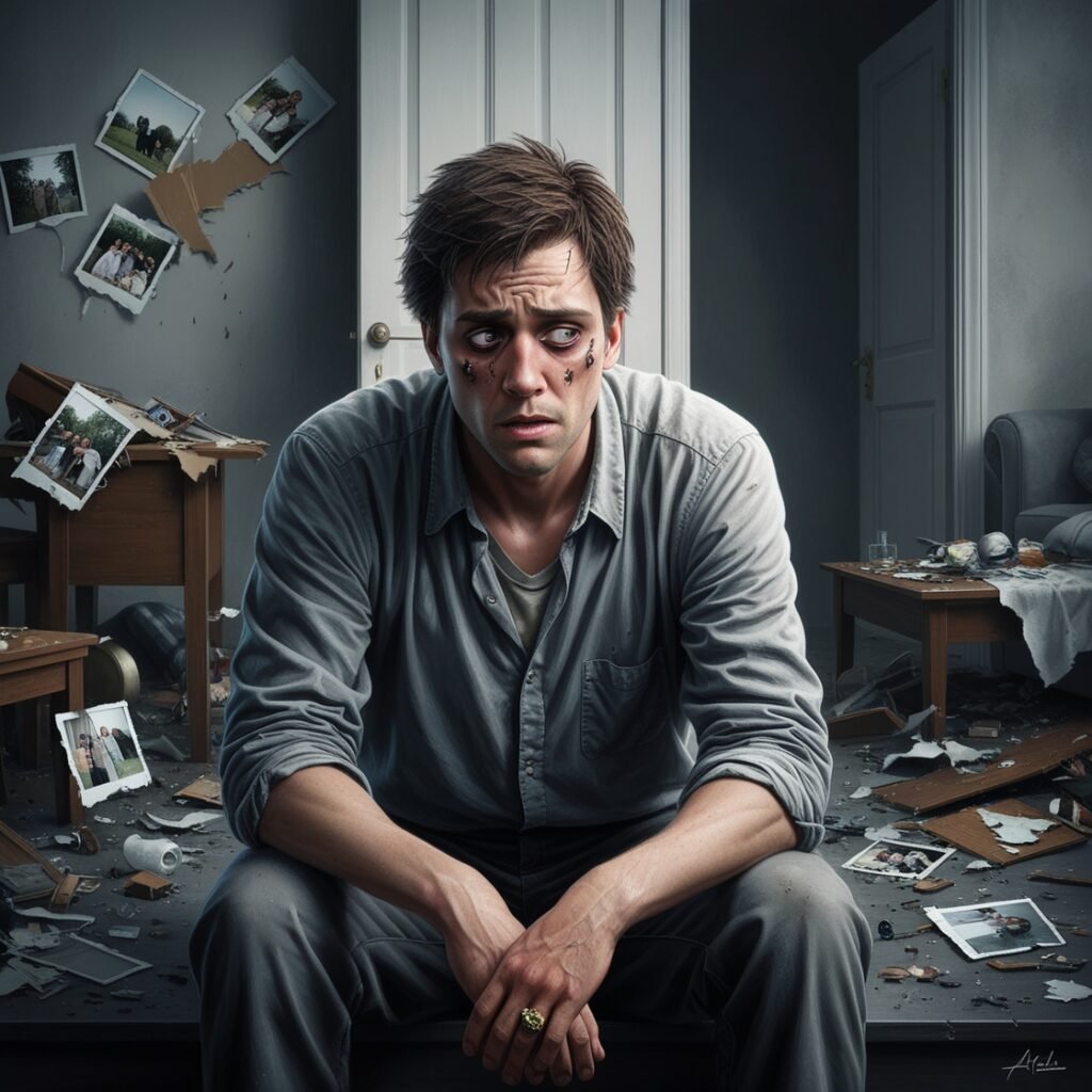 An AI generated image sitting sadly suffering from alcoholism surrounded by photos to represent a broken marriage
