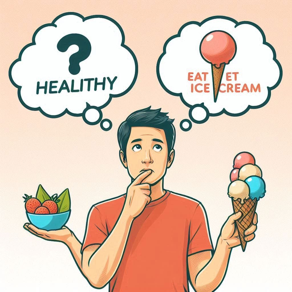 A young man is confused about choosing either to eat ice cream or healthy food