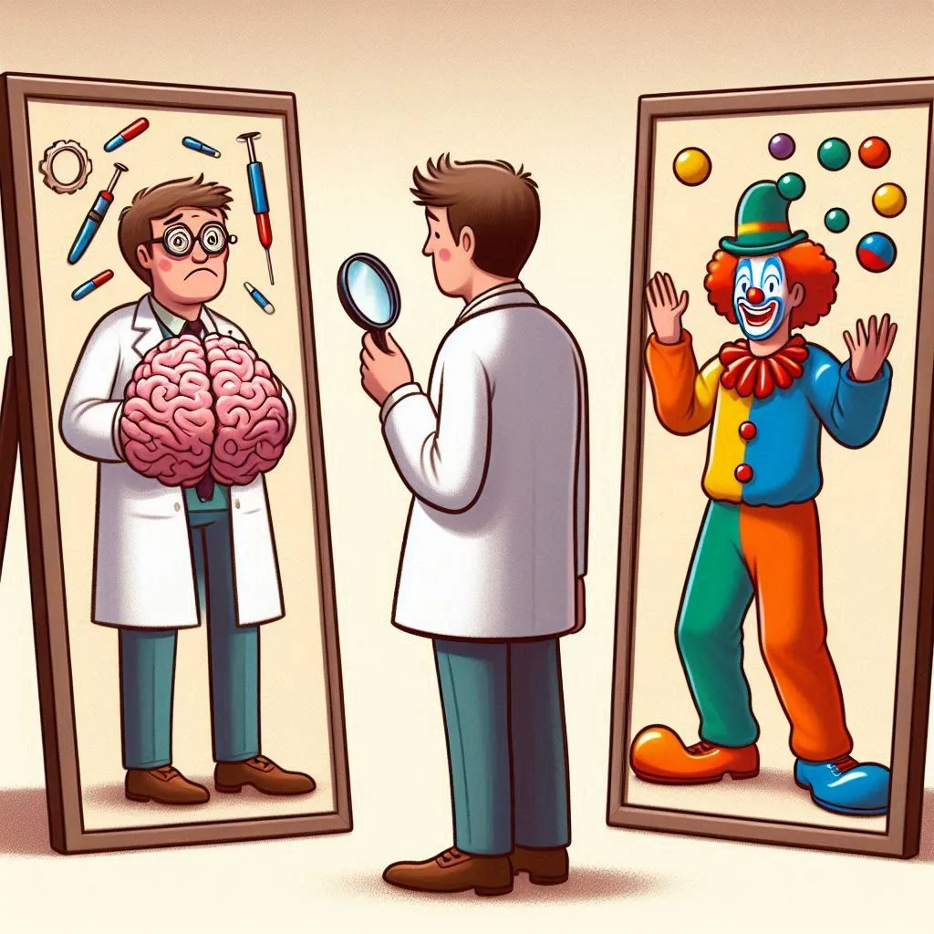 A young doctor wearing white coat is confused between his career and to have fun